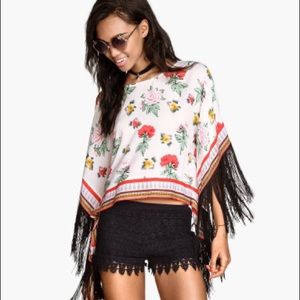 H&M Coachella Fringe Sleeve Box Floral Festival Hippie Boho Poncho Shirt size 14